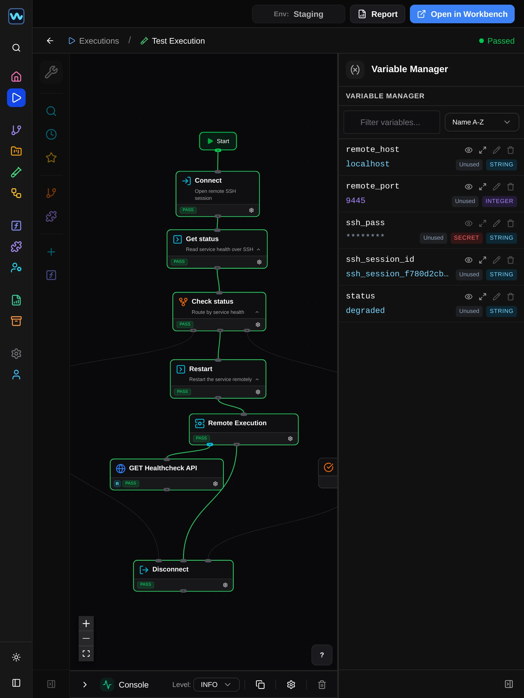 A finished run of the test Nightly health check reopened in WAVE, read-only. Every block on the canvas is outlined green and badged PASS, from Connect through Get status, Check status, Restart, Remote Execution and GET Healthcheck API to Disconnect, while the branch that was not taken stays unlit. The run is marked Passed, a Report button links to the full report, and the variables panel lists the run's values including ssh_pass masked as asterisks and badged SECRET.