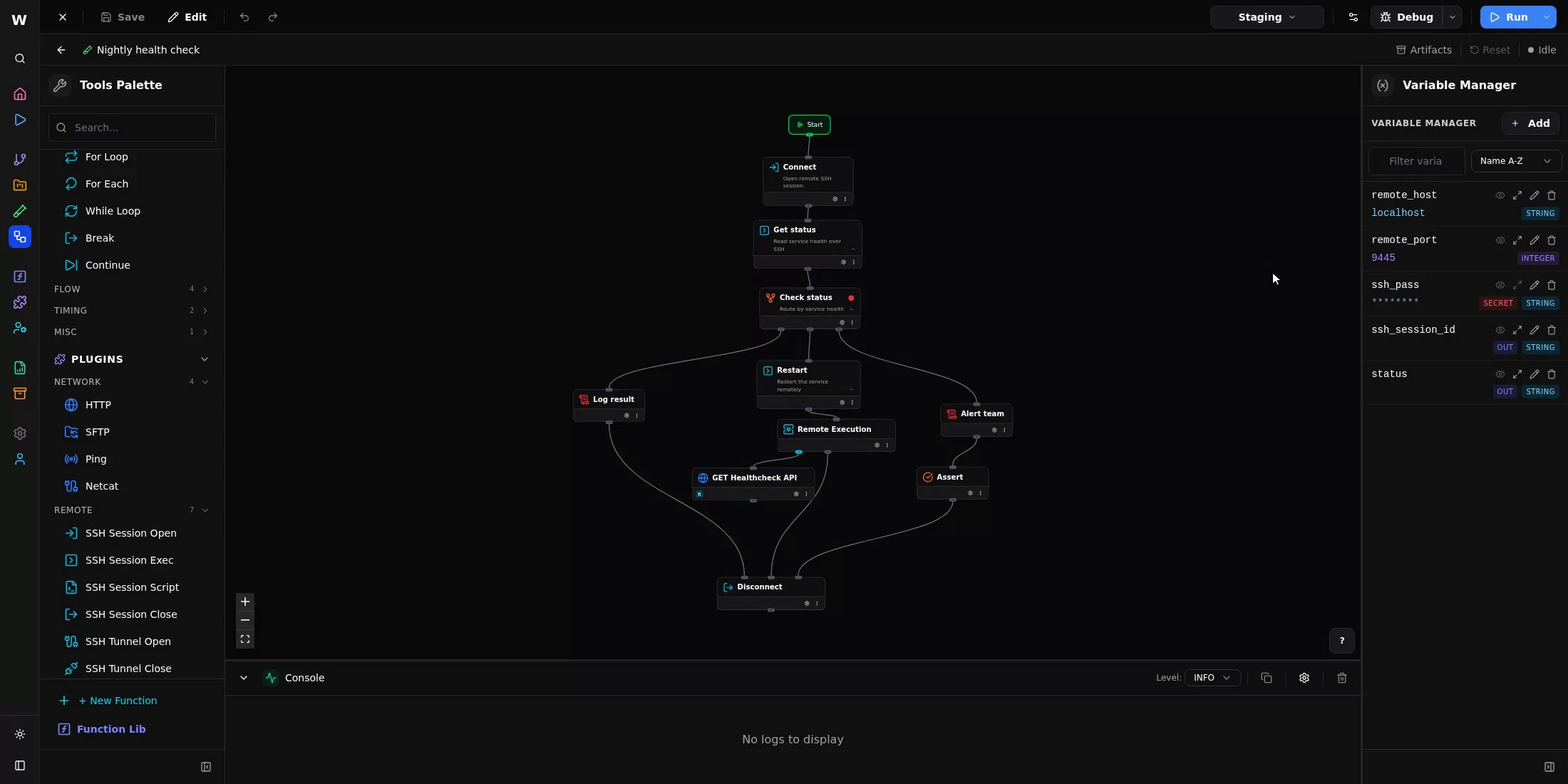 The WAVE workbench with a test open on the canvas: connect over SSH, read the service status, then a branch that routes on that status to restart the service, log the result, or alert the on-call team. A breakpoint is set on the branch block.